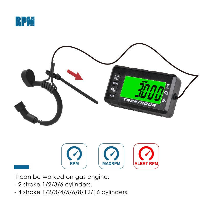 Runleader Digital Self Powered Hour Meter Tachometer,Maintenance Reminder,Alert RPM Reminder,User Shutdown,Waterproof,Use for ZTR Lawn Mower Generator Marine ATV Motor and Gas Powered Equipment - Image 3